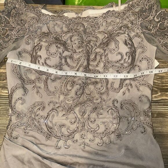 La Femme Half Sleeve Embroidered Embellished Long Jersey Ruched Mermaid Gown. 17 - Picture 8 of 14